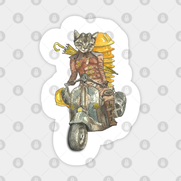 Steampunk Yellow Umbrella Cat Riding Motorcycle Sticker by FelisSimha